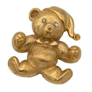 TEDDY BEAR BROOCH TEXTURED GOLD TONED WITH RHINESTONES EYES as is